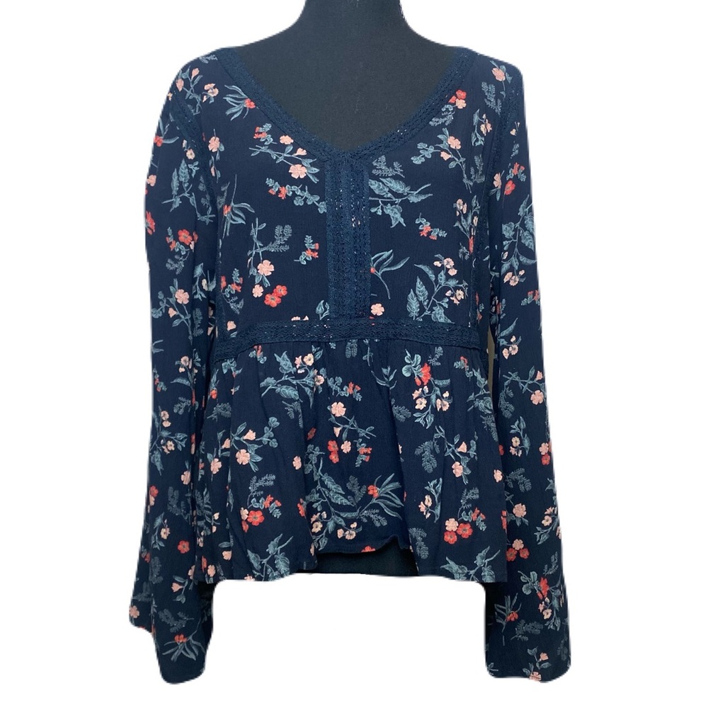 American Eagle Outfitters Navy Floral Peasant Blouse Flowy Sleeves Women’s Large